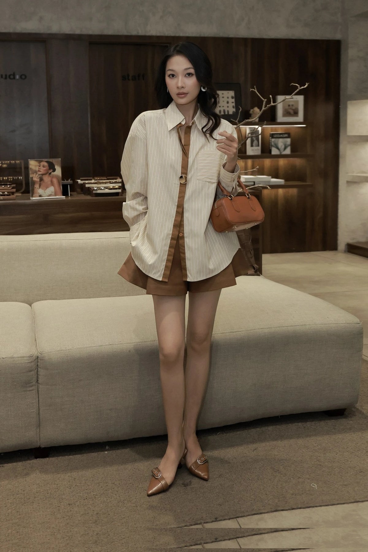 Ivy Stripe Set in beige stripe - full length front view