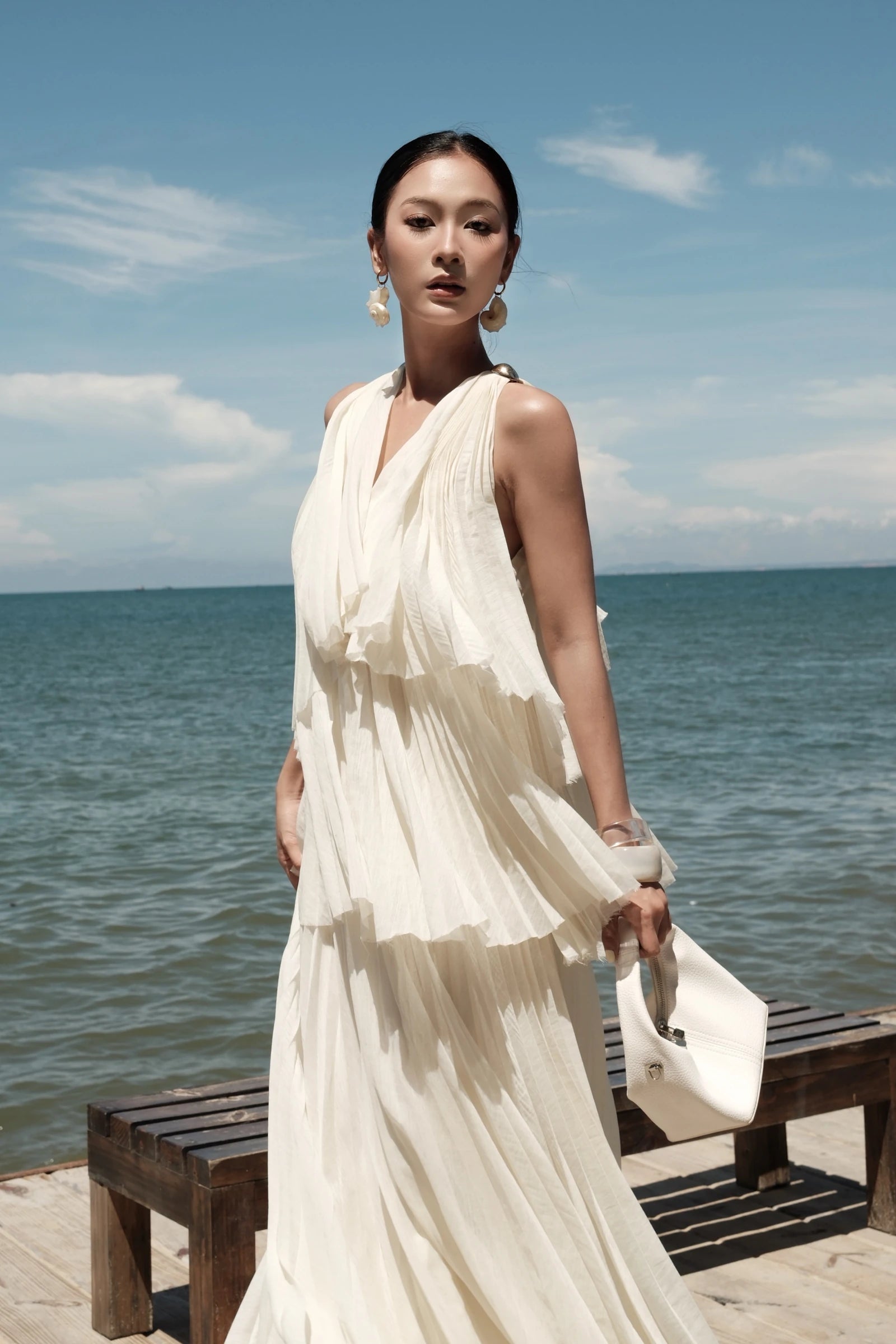 Poeme Tiered Dress in cream - three quarter view