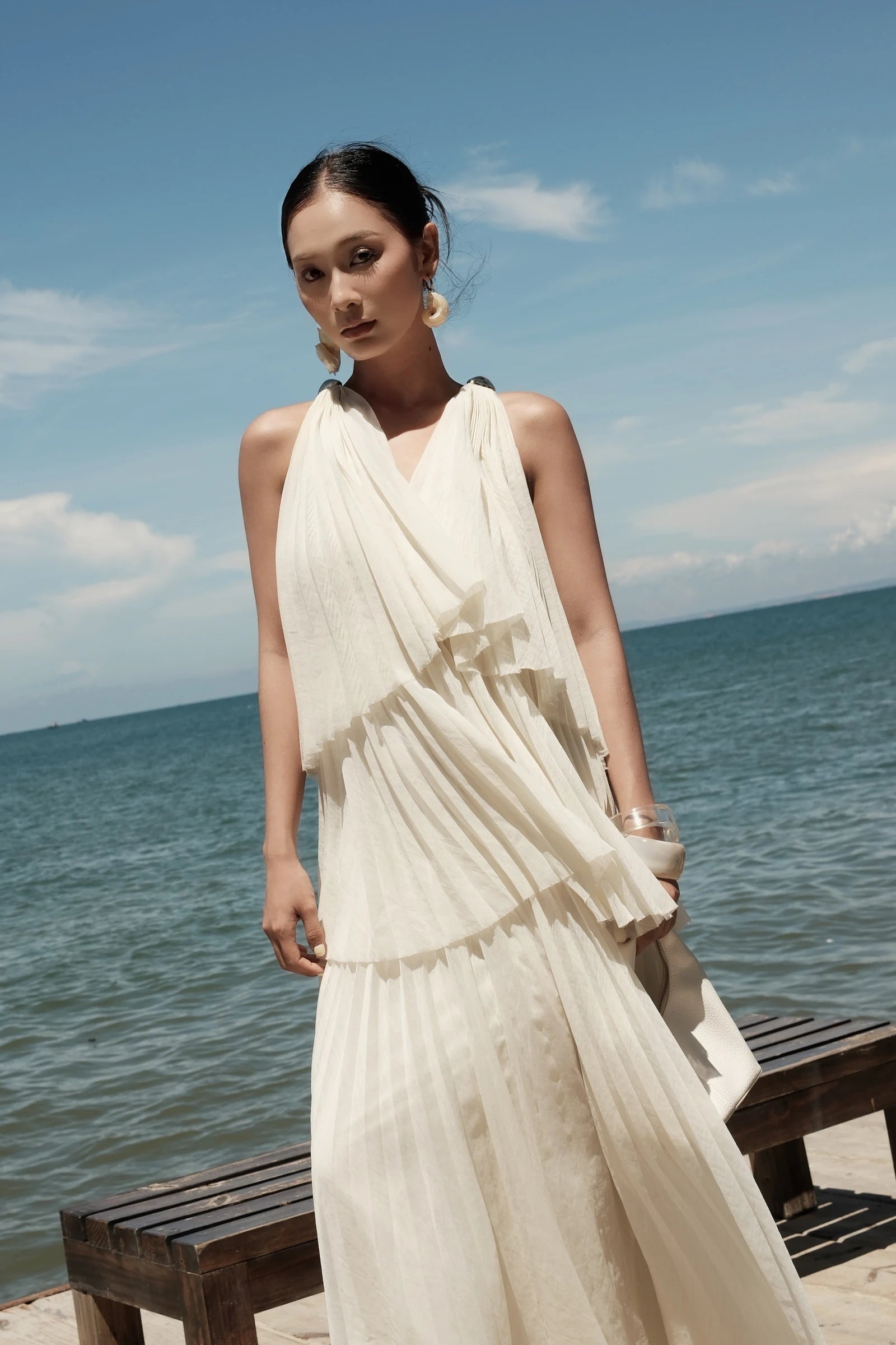 Poeme Tiered Dress in cream - side view