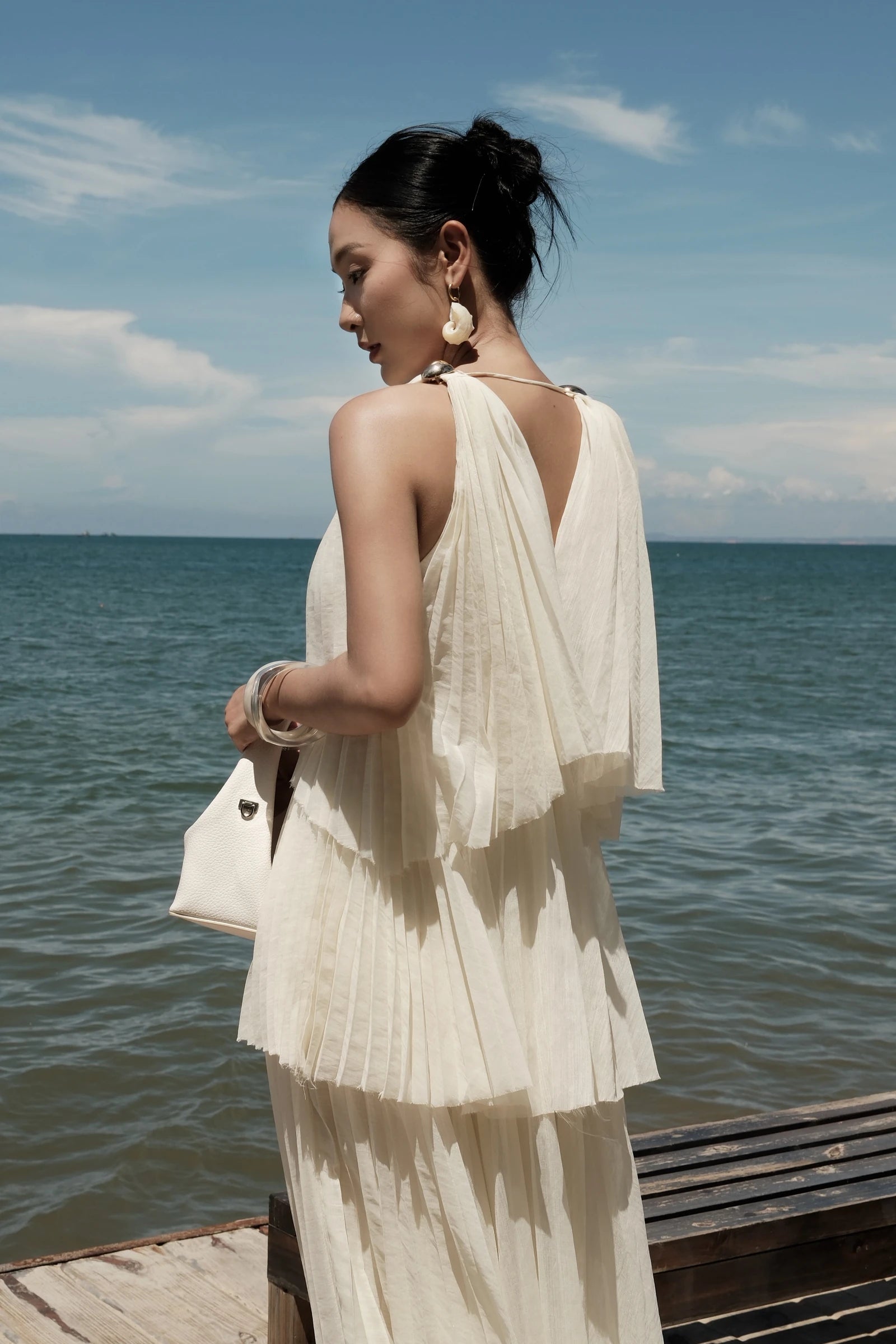 Poeme Tiered Dress in cream - tiered pleat detail