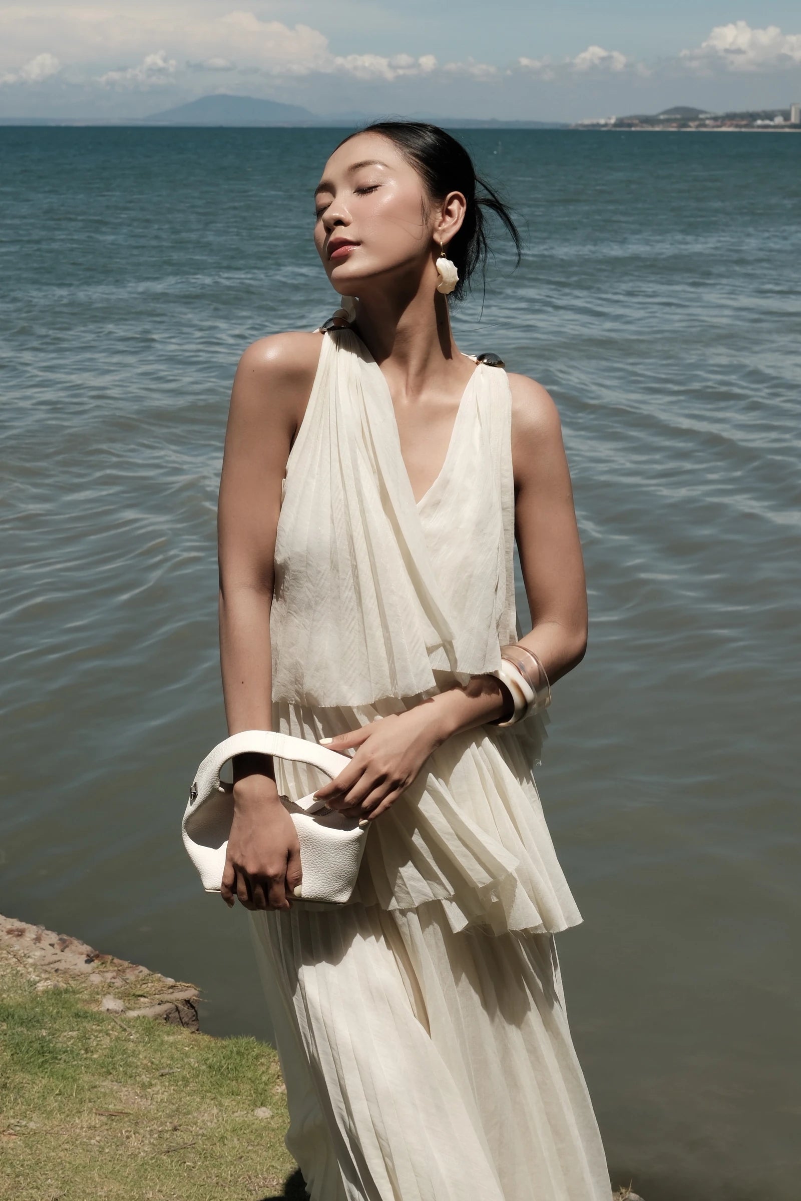Poeme Tiered Dress in cream - close up