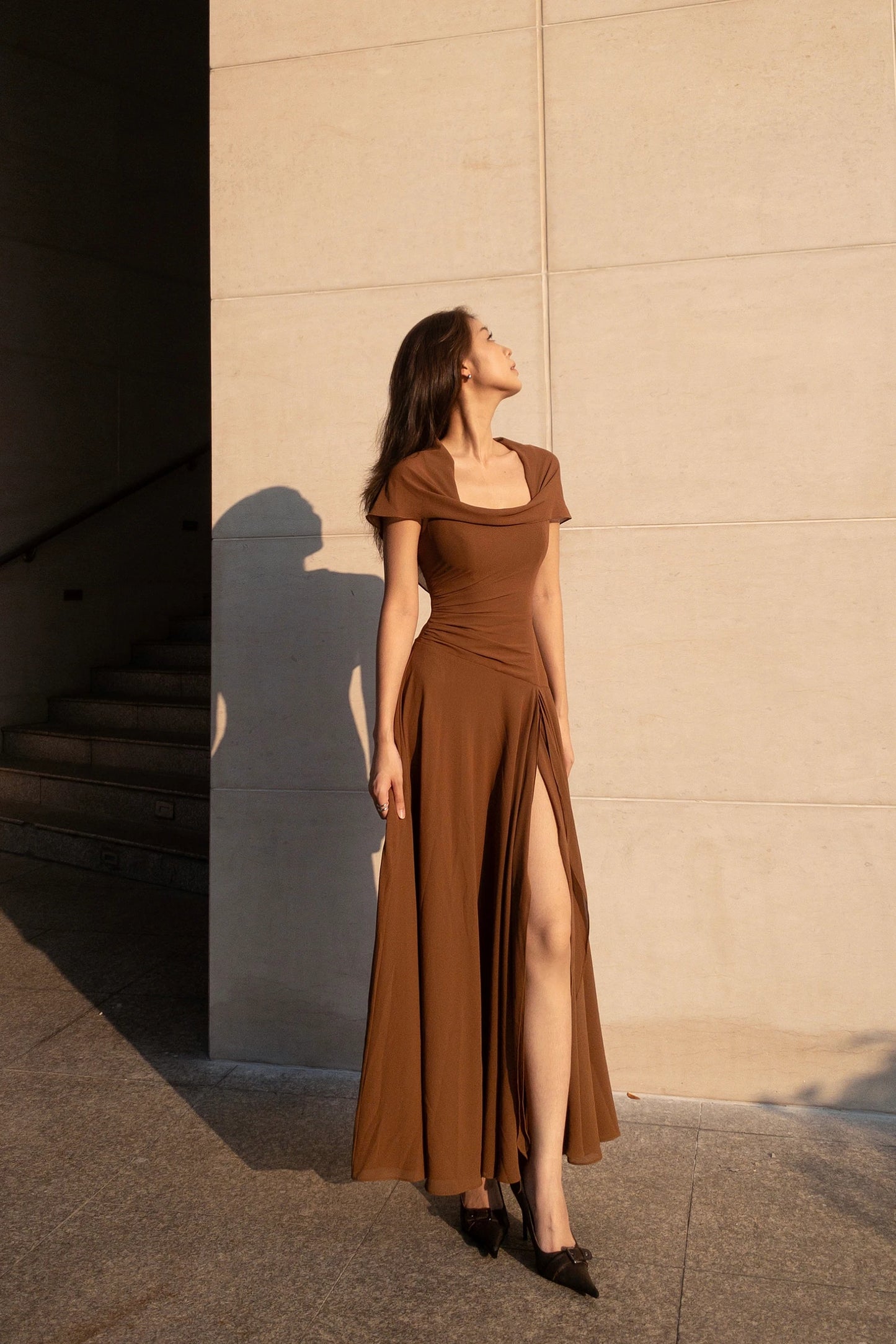 Dune Chiffon Dress in brown - high slit detail