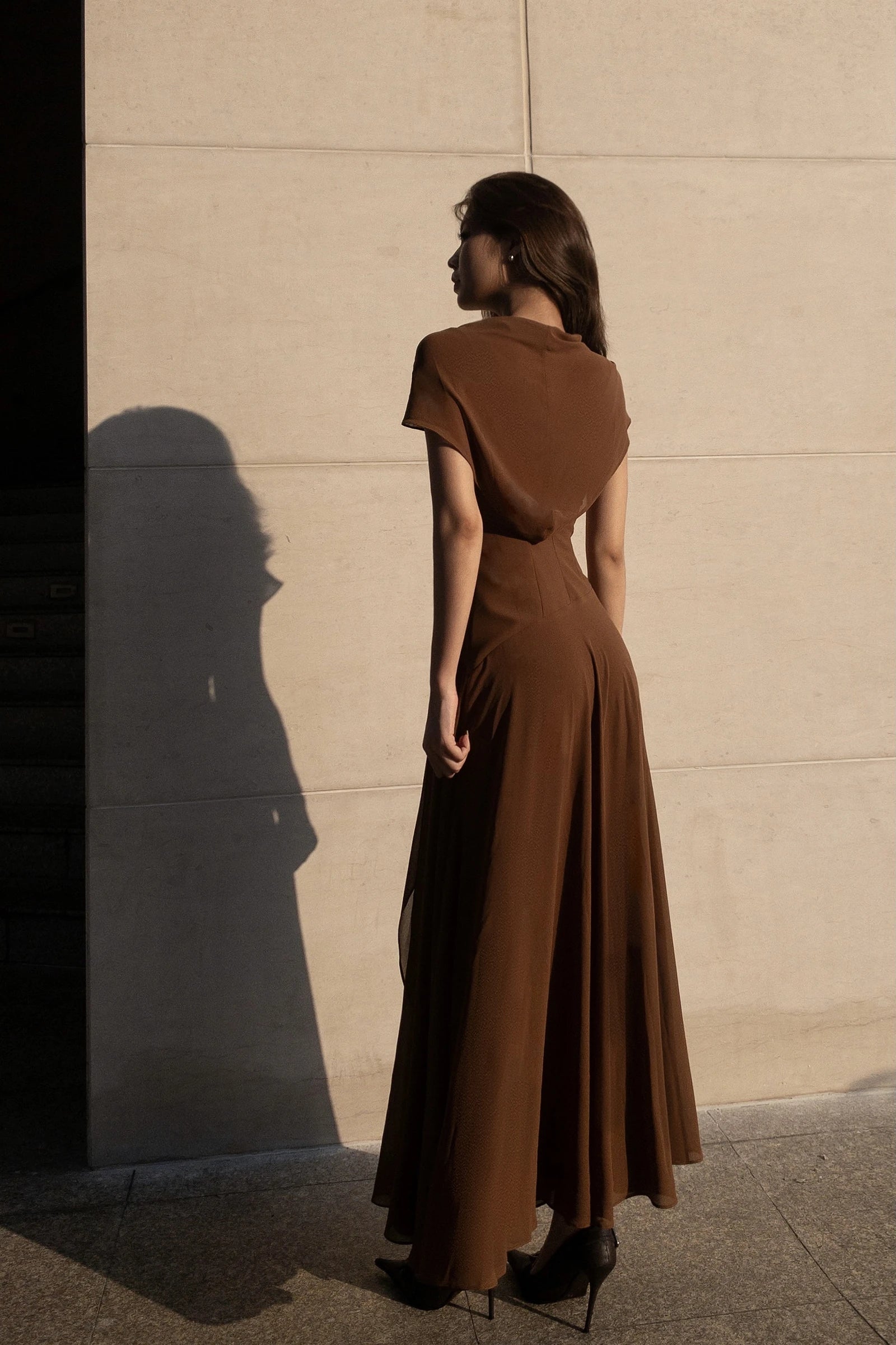 Dune Chiffon Dress in brown - back view