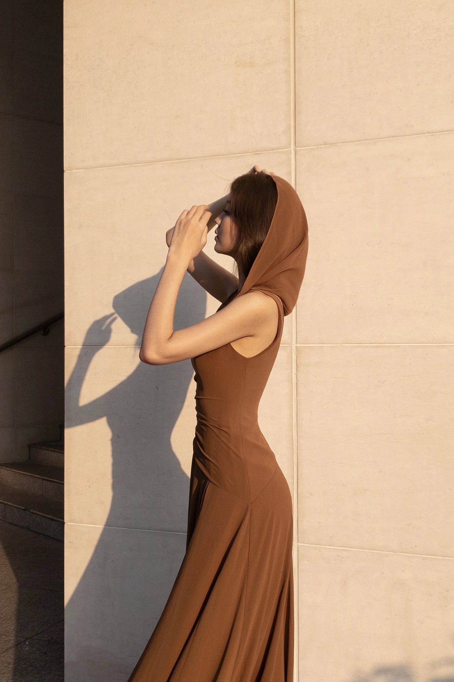 Dune Chiffon Dress in brown - draped hood detail