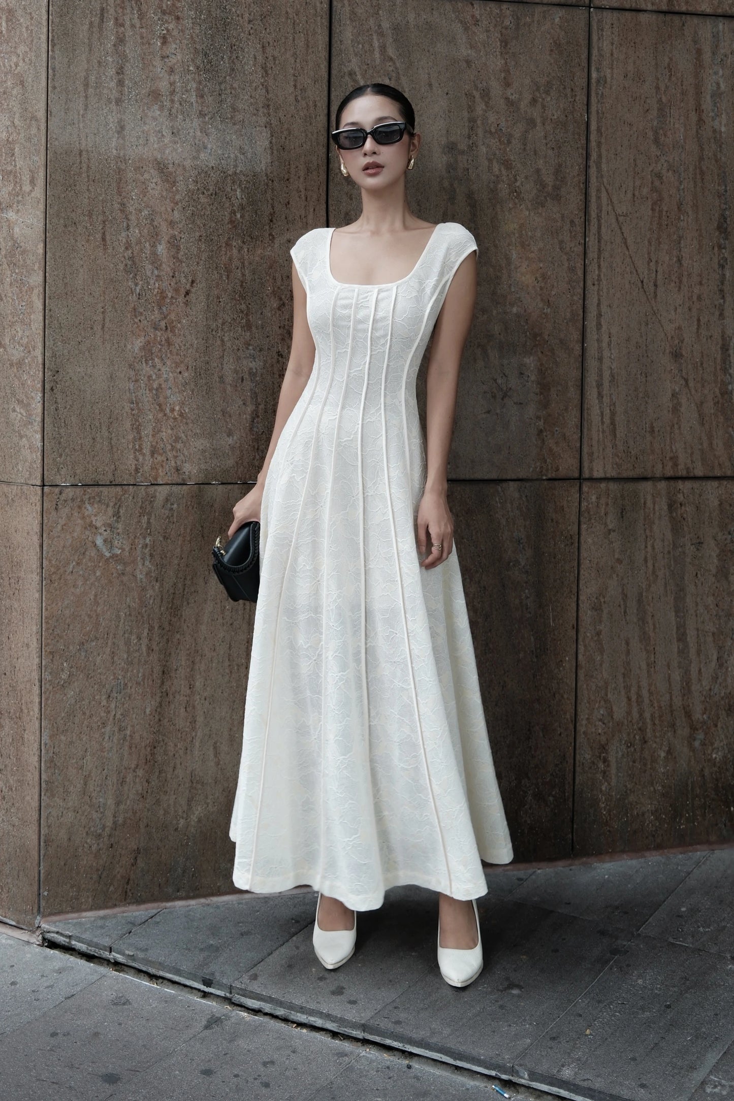 9AM to 9PM Lace Dress in ivory - full length front view