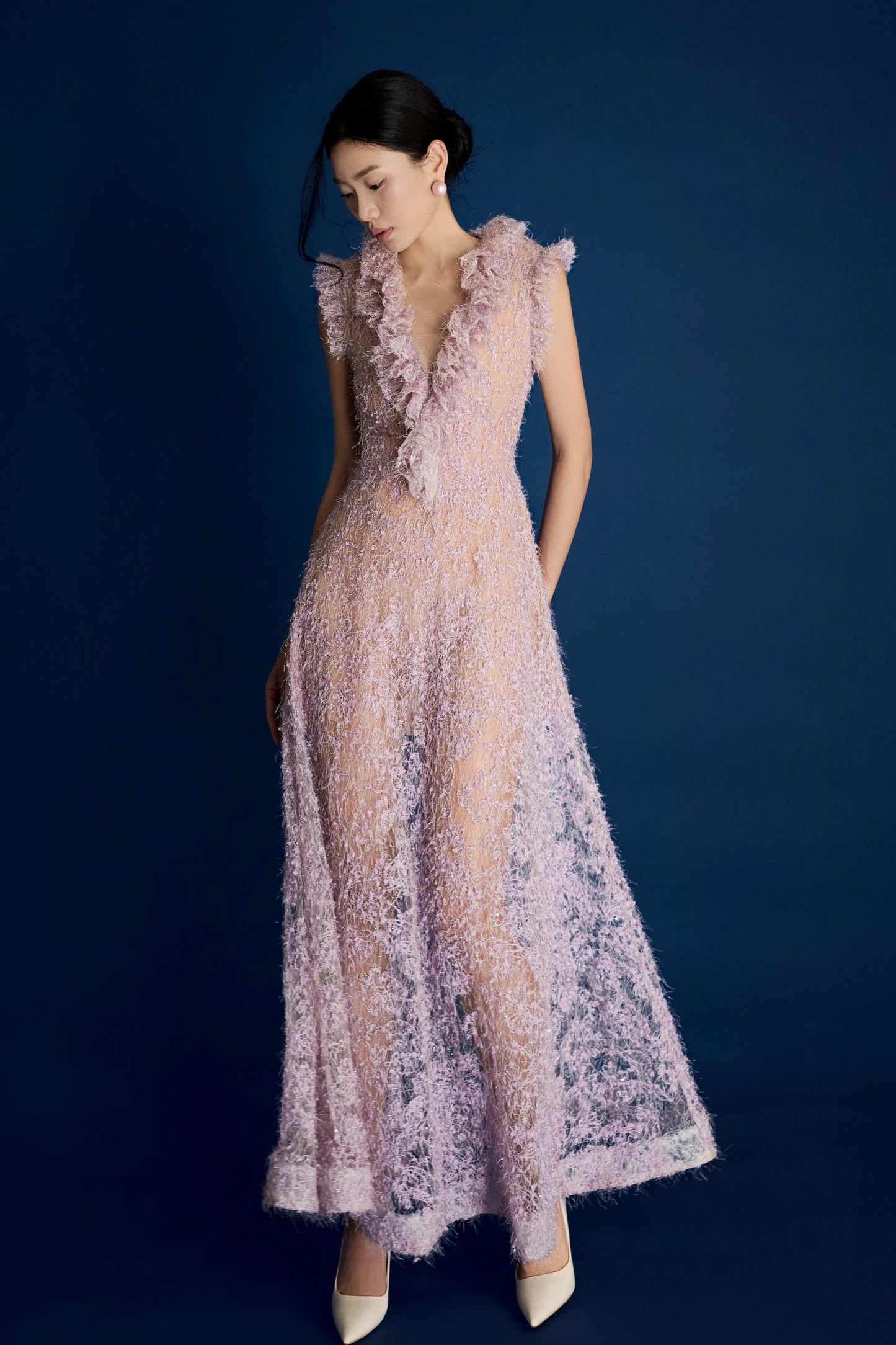 Champagne Tweed Dress in lavender - three quarter view