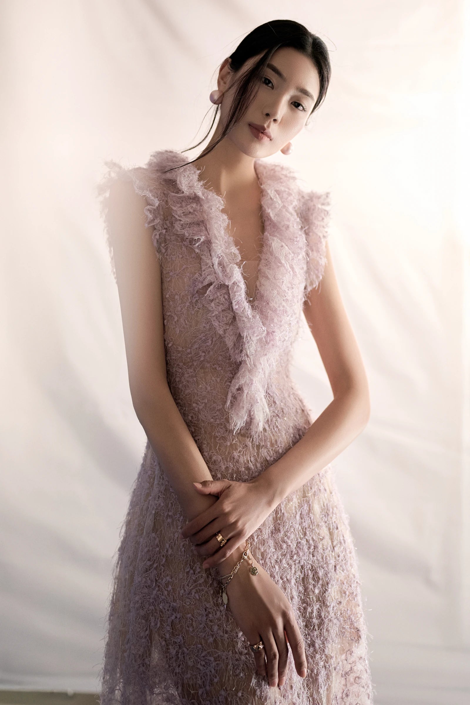 Champagne Tweed Dress in lavender - soft light