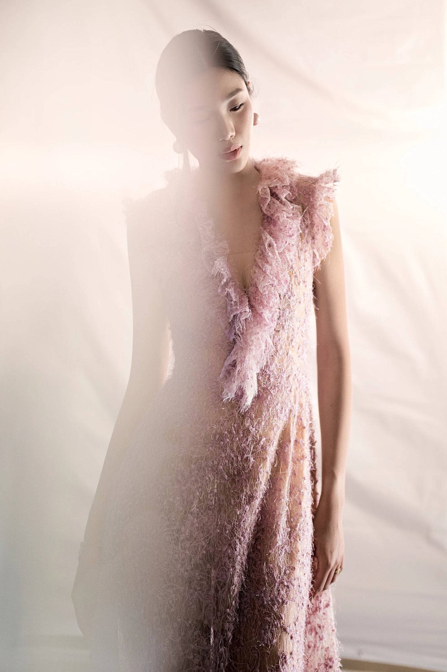 Champagne Tweed Dress in lavender - draped pose