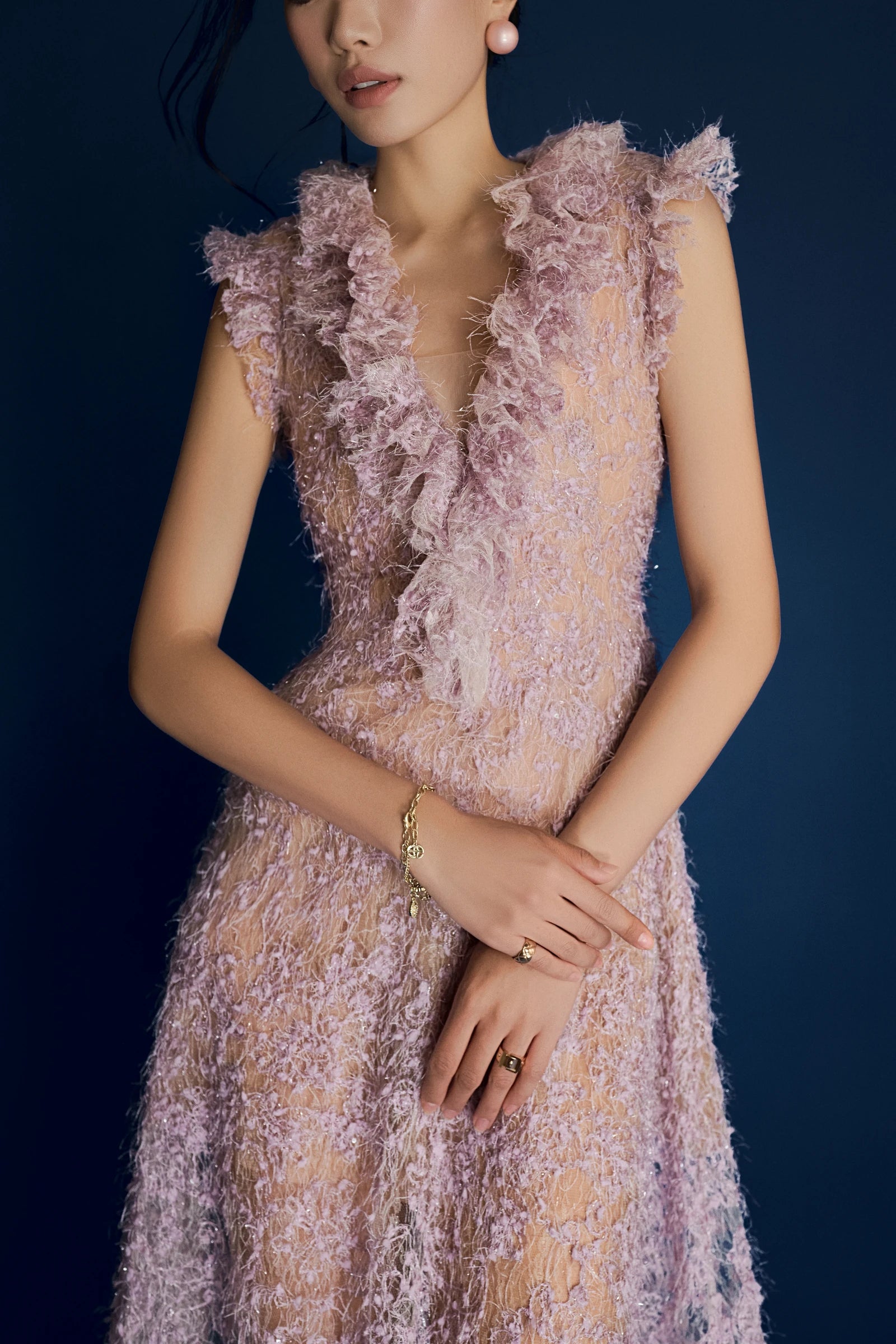 Champagne Tweed Dress in lavender - ruffle neckline detail