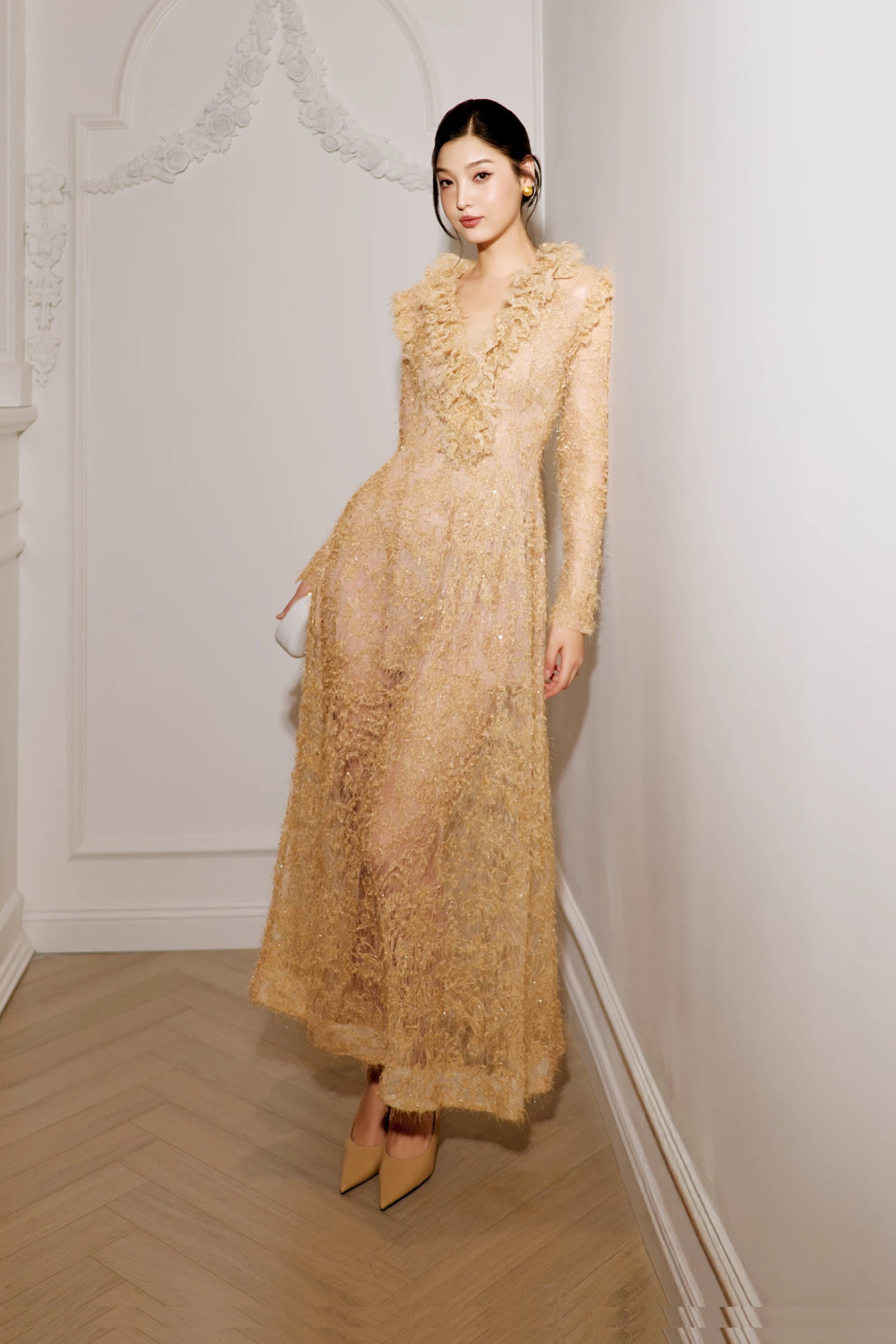 Lace Dress in champagne gold - full length front view