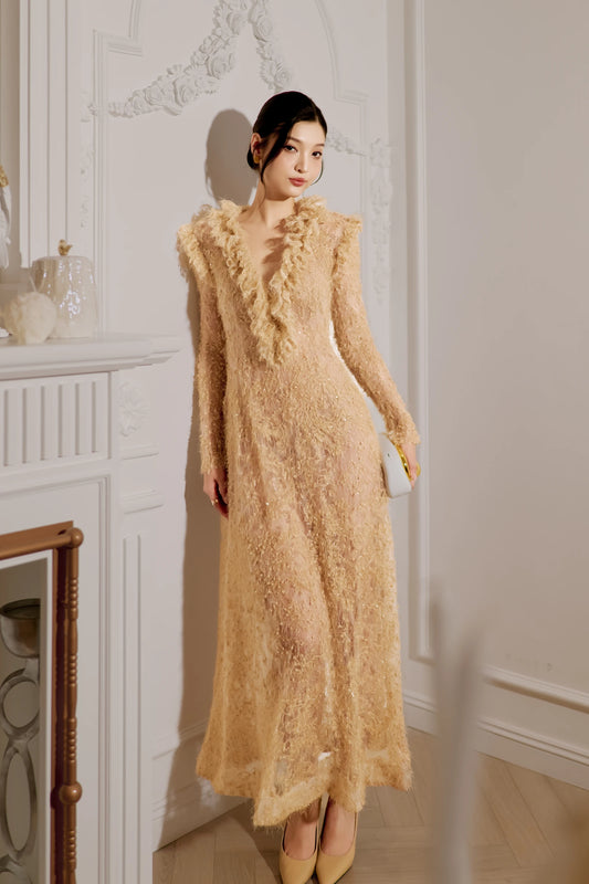 Lace Dress in champagne gold - three quarter view