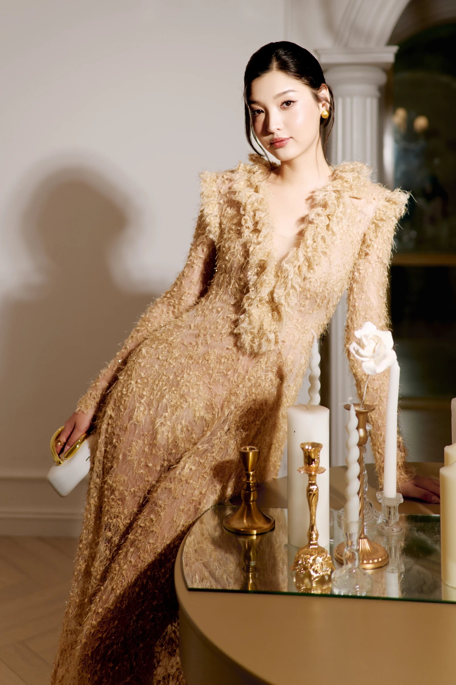 Lace Dress in champagne gold - seated pose