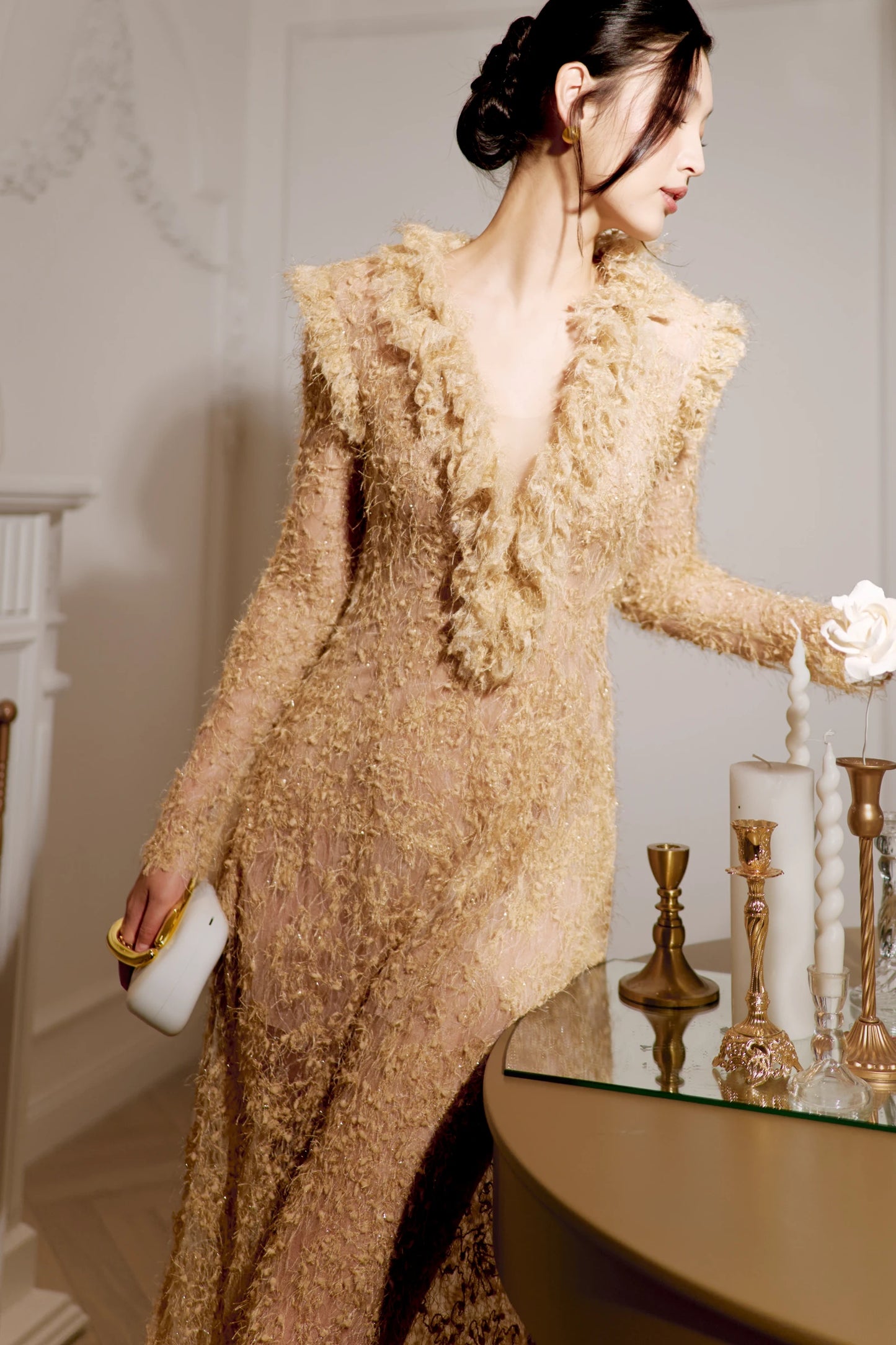 Lace Dress in champagne gold - ruffle detail
