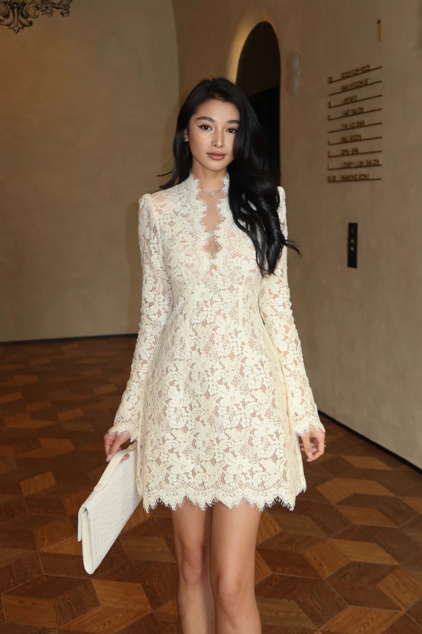 Grace V Lace Dress in cream - three quarter view