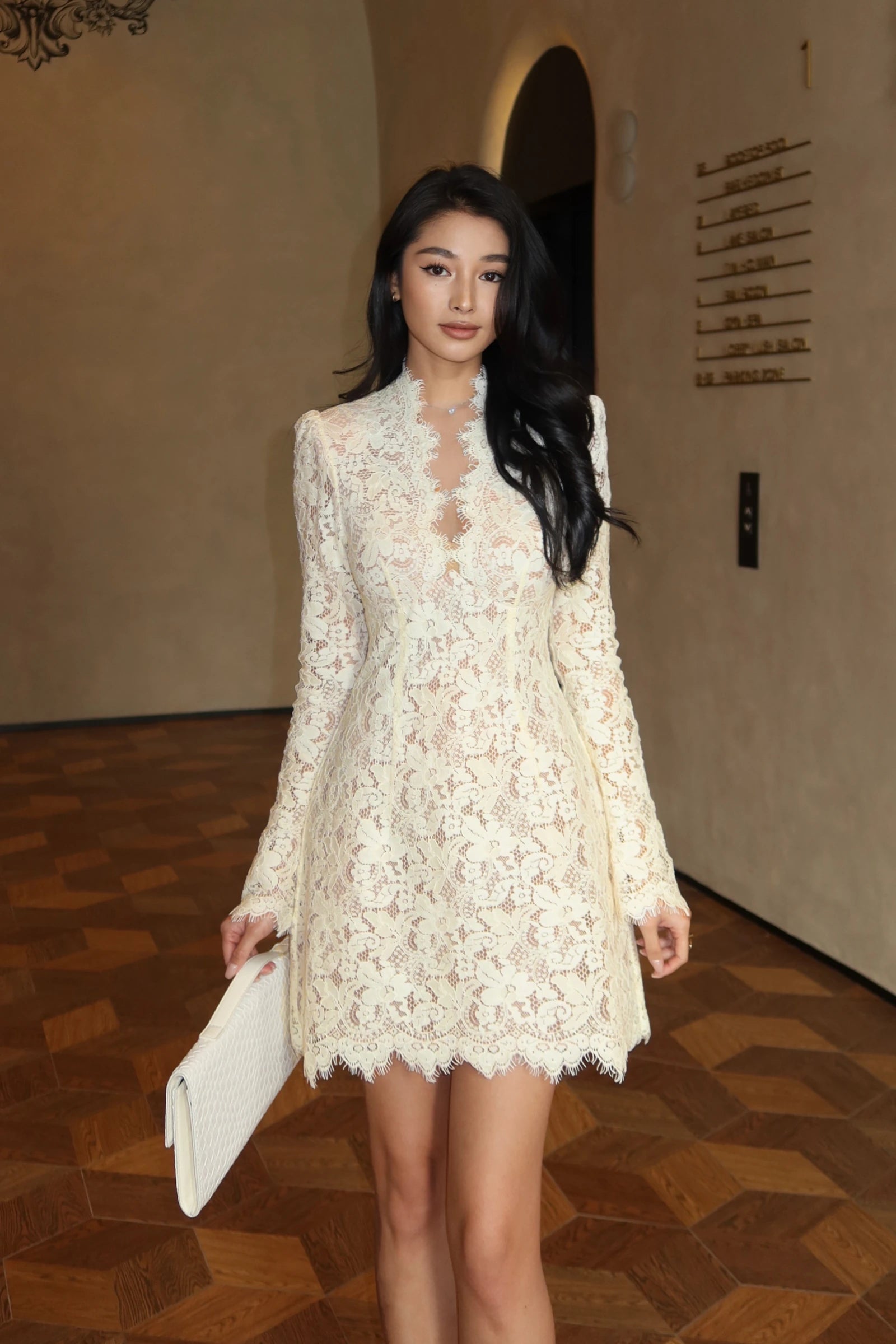 Grace V Lace Dress in cream - three quarter view