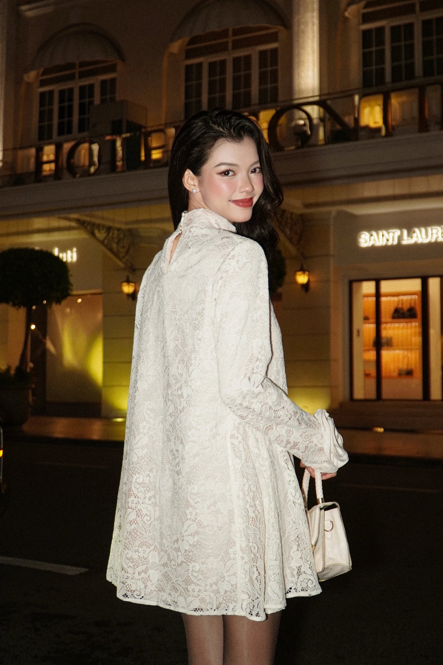 Lace Camellia Dress in cream - back view