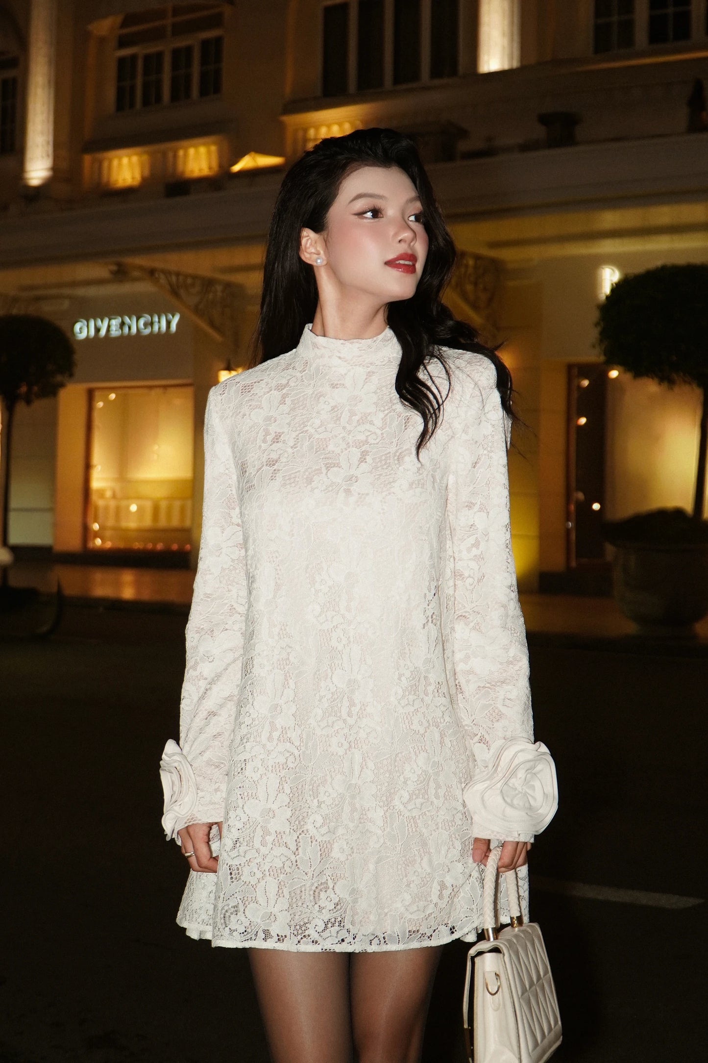 Lace Camellia Dress in cream - front detail