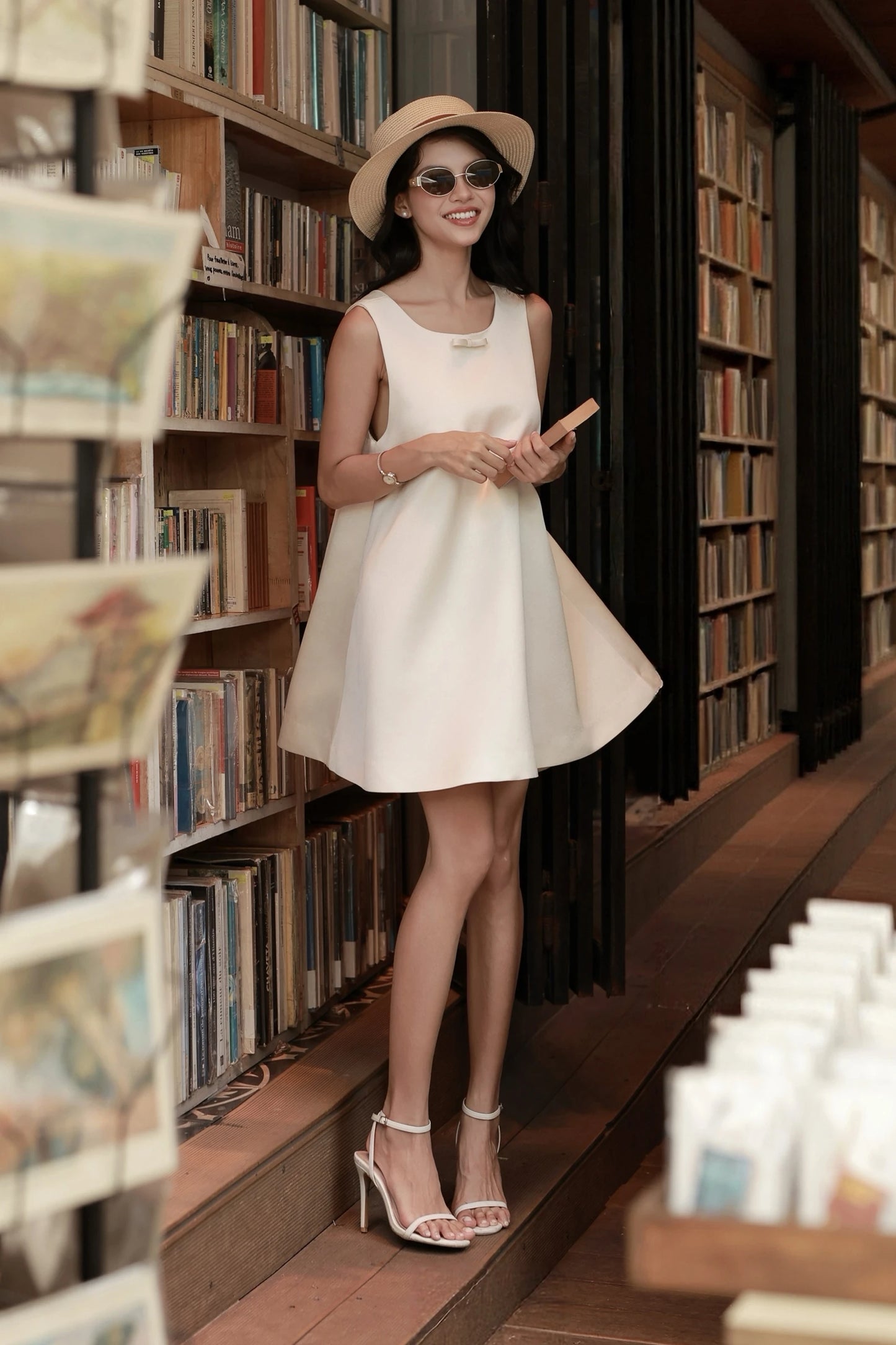 Ammie Babydoll Dress in cream - full length front view