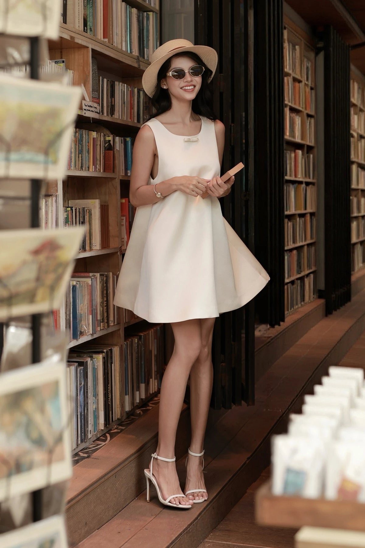 Ammie Babydoll Dress in cream - full length front view
