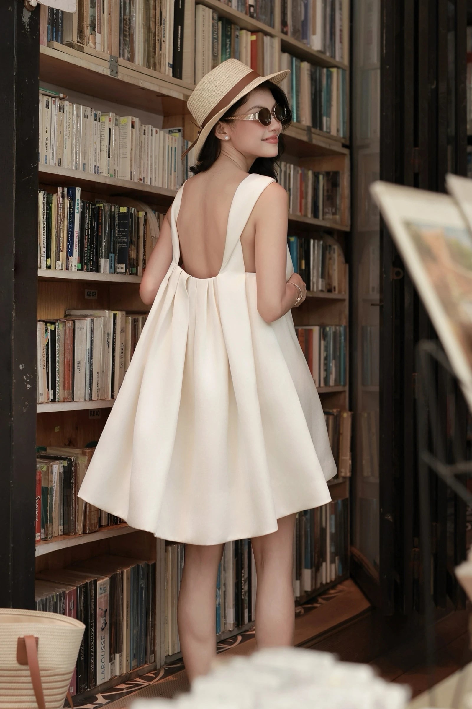 Ammie Babydoll Dress in cream - open back detail