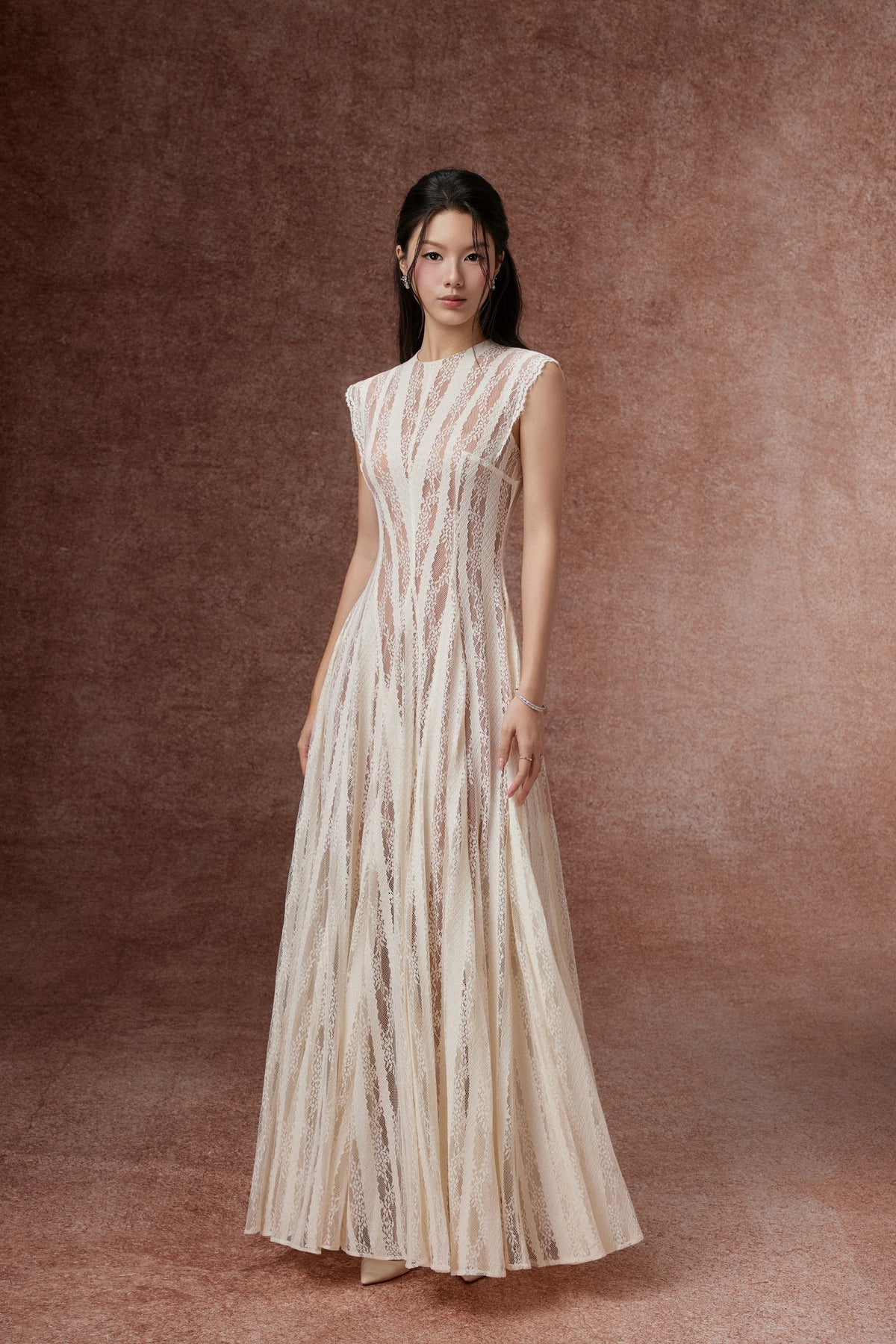 Striped Lace Flared Gown