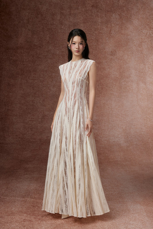 Striped Lace Flared Gown