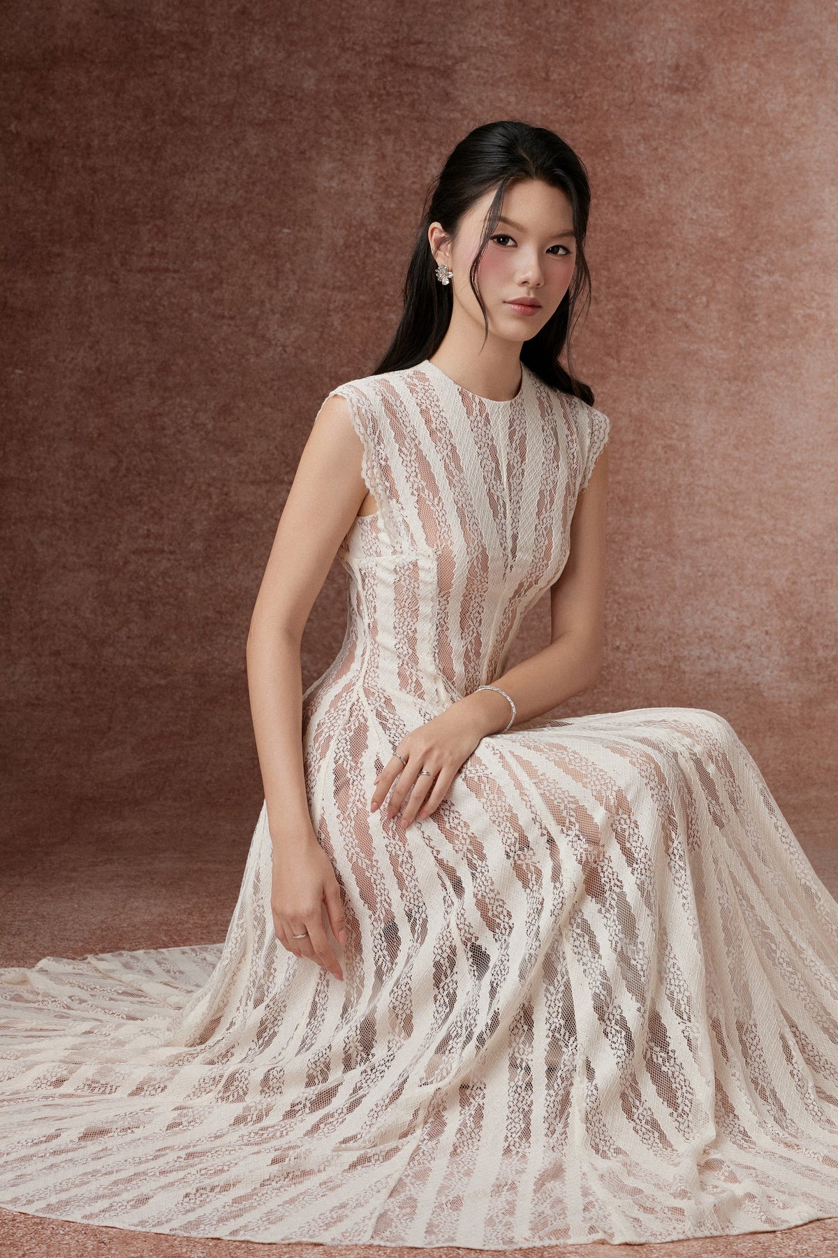 Striped Lace Flared Gown