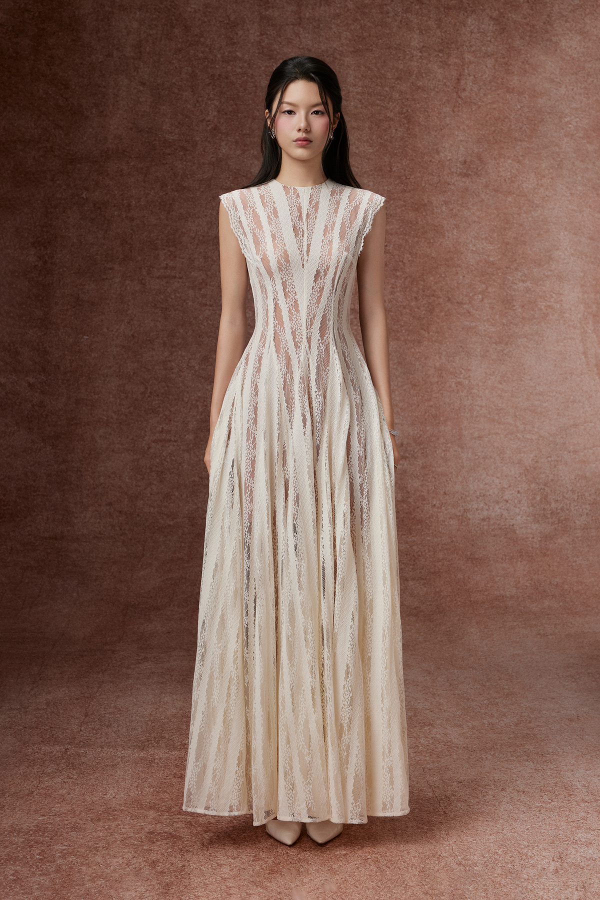 Striped Lace Flared Gown