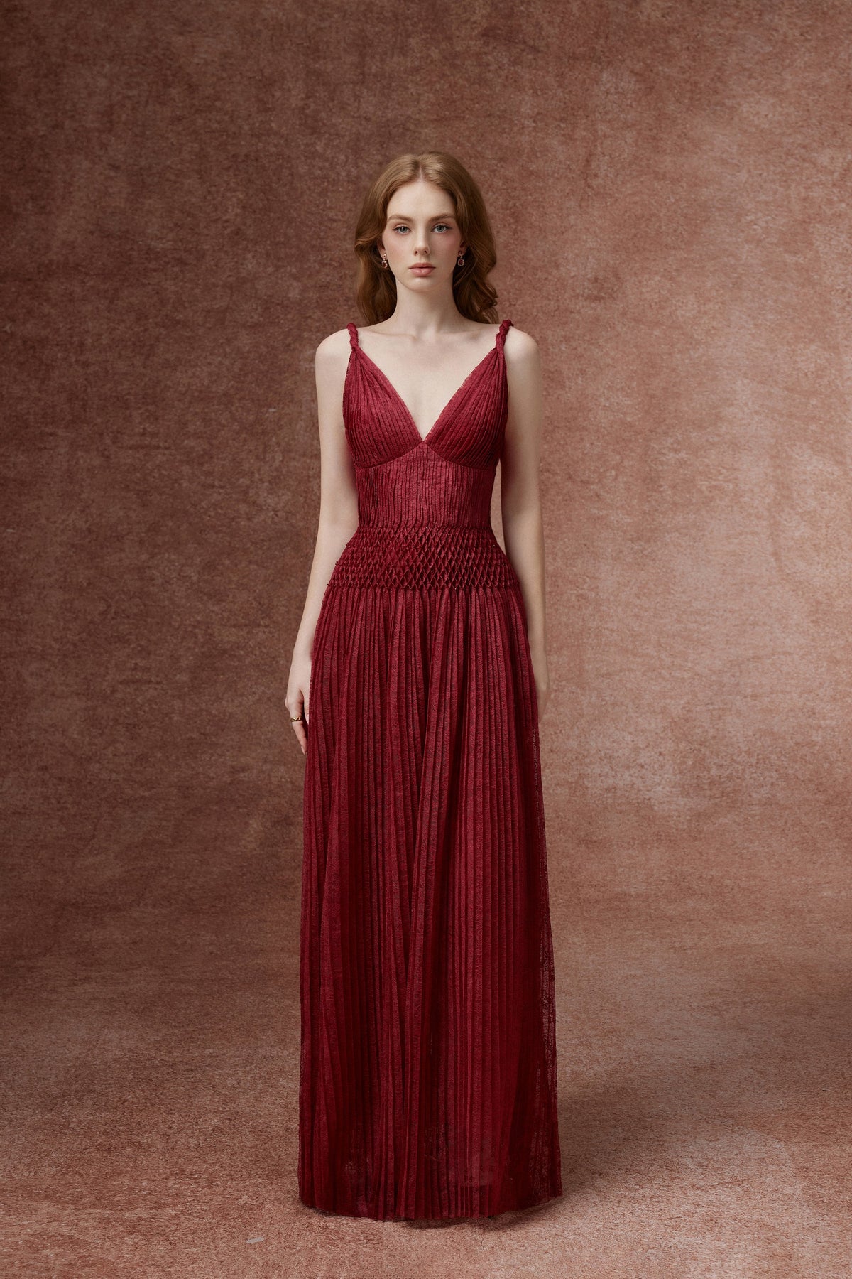 Burgundy Pleated Lace Gown