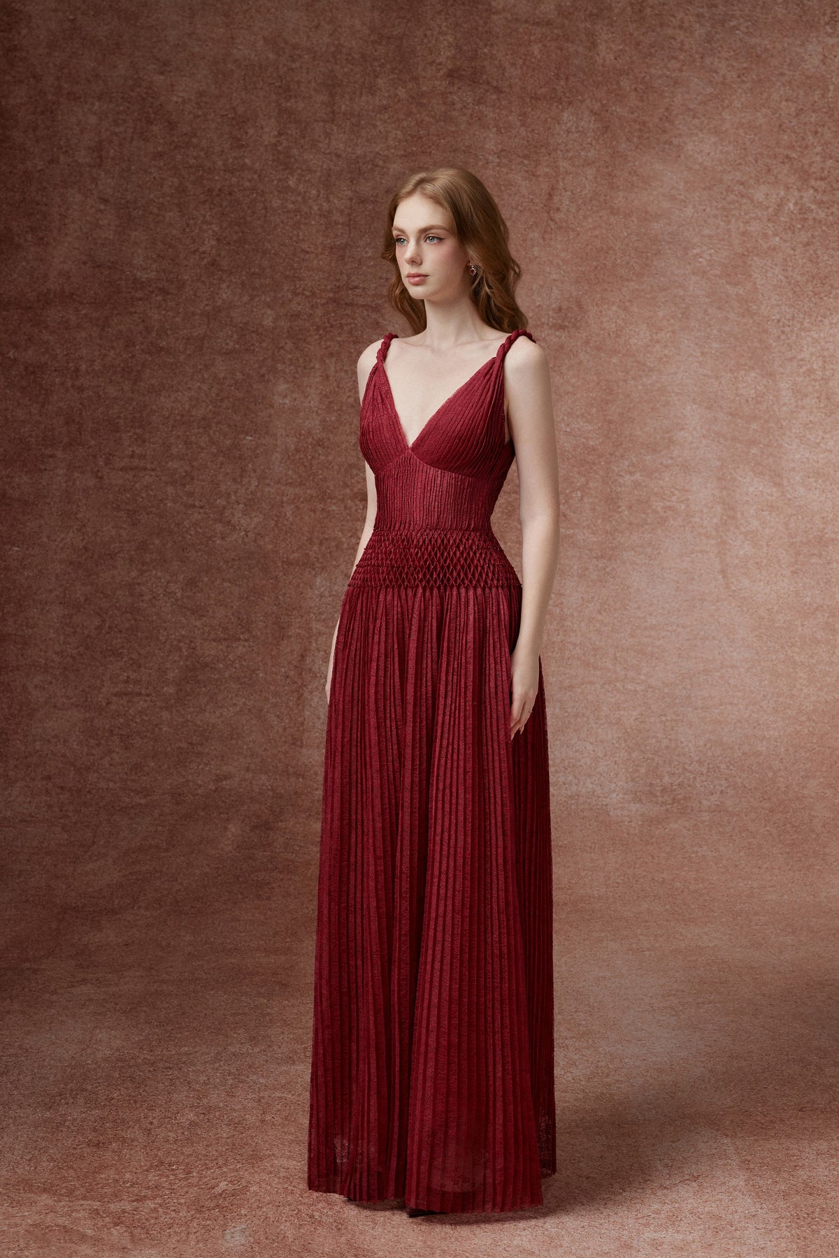 Burgundy Pleated Lace Gown