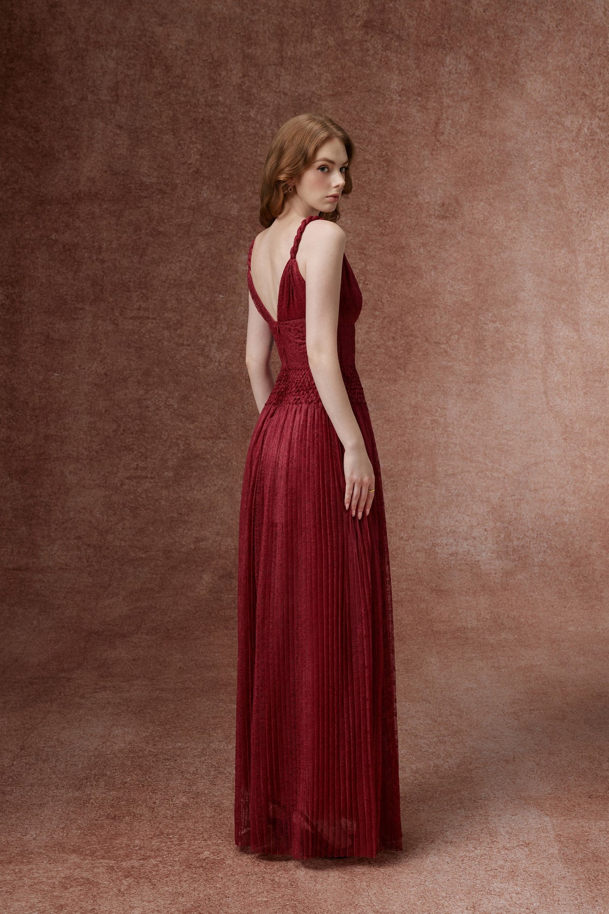 Burgundy Pleated Lace Gown