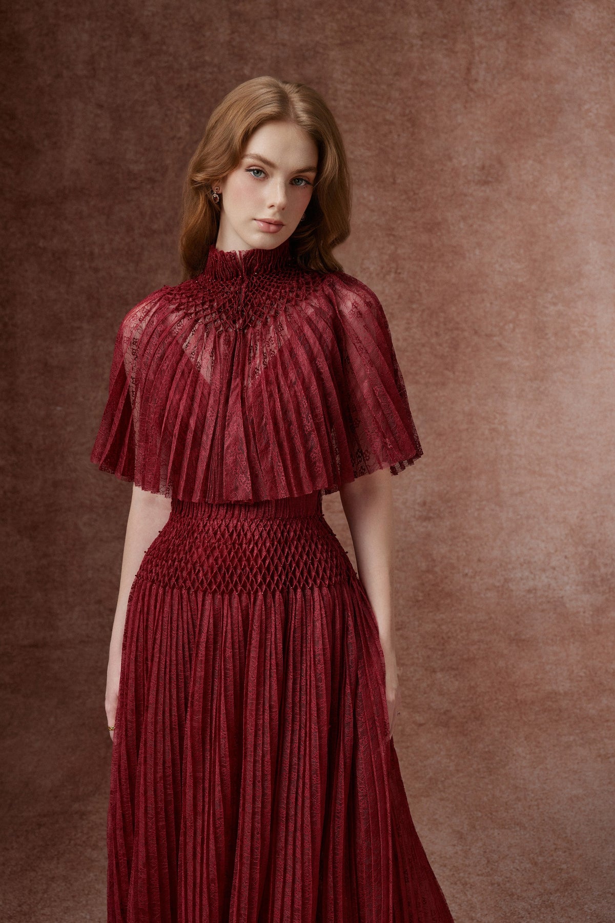 Burgundy Pleated Lace Gown