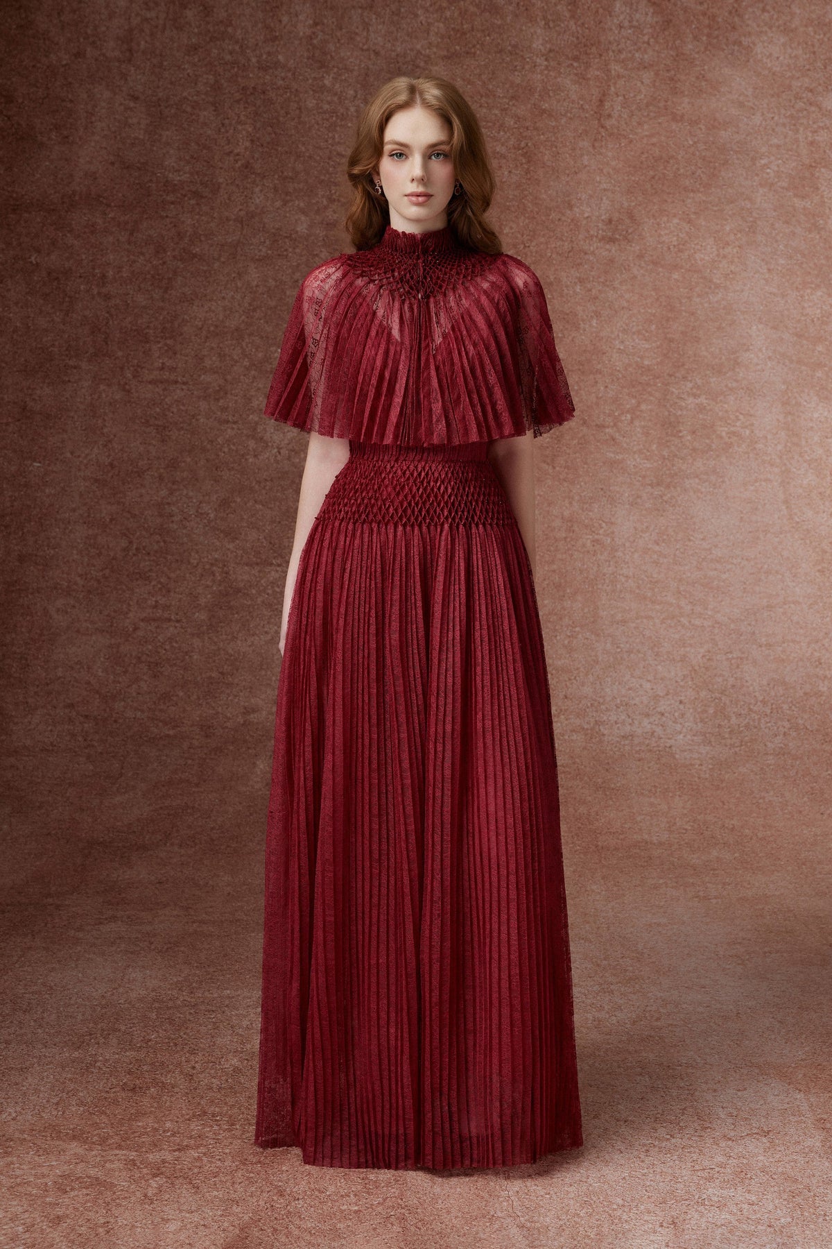 Burgundy Pleated Lace Gown